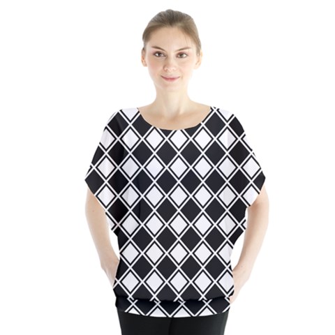 Black White Square Diagonal Pattern Seamless Blouse by Celenk