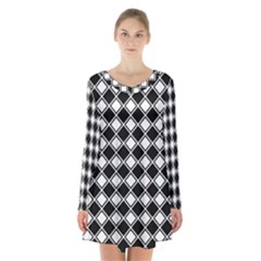 Black White Square Diagonal Pattern Seamless Long Sleeve Velvet V-neck Dress by Celenk