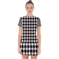 Black White Square Diagonal Pattern Seamless Drop Hem Mini Chiffon Dress