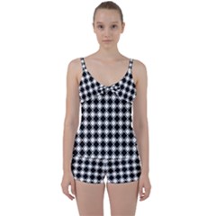 Black White Square Diagonal Pattern Seamless Tie Front Two Piece Tankini