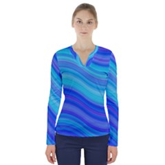 Blue Background Water Design Wave V-neck Long Sleeve Top by Celenk