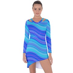 Blue Background Water Design Wave Asymmetric Cut-out Shift Dress