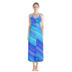 Blue Background Water Design Wave Button Up Chiffon Maxi Dress by Celenk