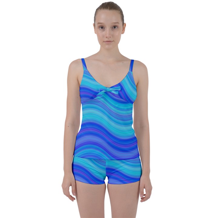 Blue Background Water Design Wave Tie Front Two Piece Tankini