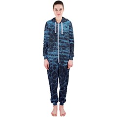 Blue Black Shiny Fabric Pattern Hooded Jumpsuit (ladies) 