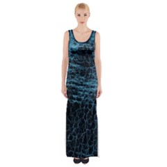 Blue Black Shiny Fabric Pattern Maxi Thigh Split Dress