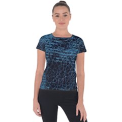 Blue Black Shiny Fabric Pattern Short Sleeve Sports Top 