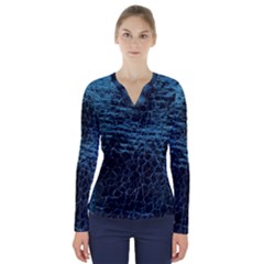 Blue Black Shiny Fabric Pattern V-neck Long Sleeve Top