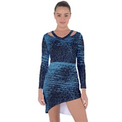 Blue Black Shiny Fabric Pattern Asymmetric Cut-out Shift Dress