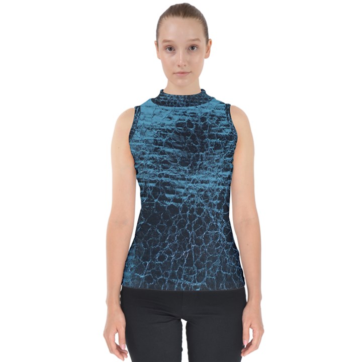 Blue Black Shiny Fabric Pattern Shell Top