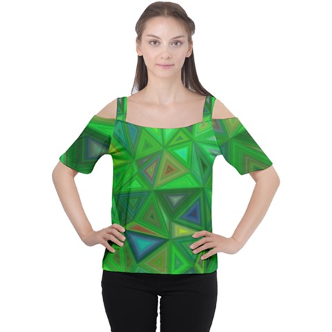 Green Triangle Background Polygon Cutout Shoulder Tee by Celenk