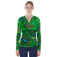 Green Triangle Background Polygon V-neck Long Sleeve Top