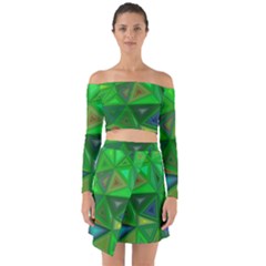 Green Triangle Background Polygon Off Shoulder Top With Skirt Set by Celenk