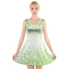 Green Square Background Color Mosaic V-neck Sleeveless Skater Dress by Celenk