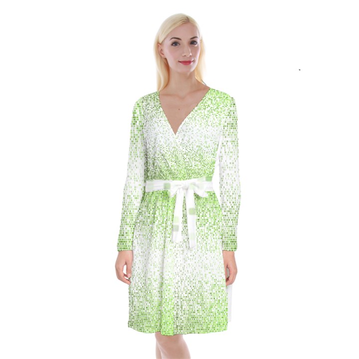 Green square Background Color Mosaic Long Sleeve Velvet Front Wrap Dress