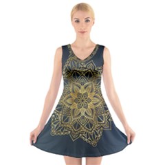 Gold Mandala Floral Ornament Ethnic V-Neck Sleeveless Skater Dress