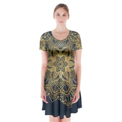 Gold Mandala Floral Ornament Ethnic Short Sleeve V-neck Flare Dress