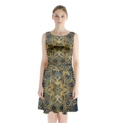 Gold Mandala Floral Ornament Ethnic Sleeveless Waist Tie Chiffon Dress by Celenk