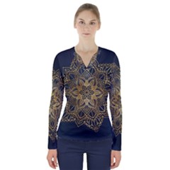 Gold Mandala Floral Ornament Ethnic V-Neck Long Sleeve Top