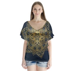 Gold Mandala Floral Ornament Ethnic V-Neck Flutter Sleeve Top