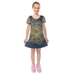 Gold Mandala Floral Ornament Ethnic Kids  Short Sleeve Velvet Dress