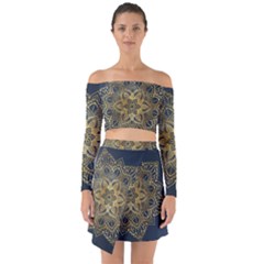 Gold Mandala Floral Ornament Ethnic Off Shoulder Top with Skirt Set