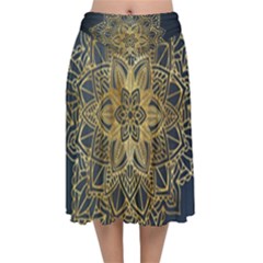 Gold Mandala Floral Ornament Ethnic Velvet Flared Midi Skirt