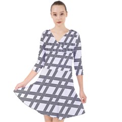 Grid Pattern Seamless Monochrome Quarter Sleeve Front Wrap Dress	