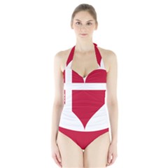 Heart Love Flag Denmark Red Cross Halter Swimsuit by Celenk