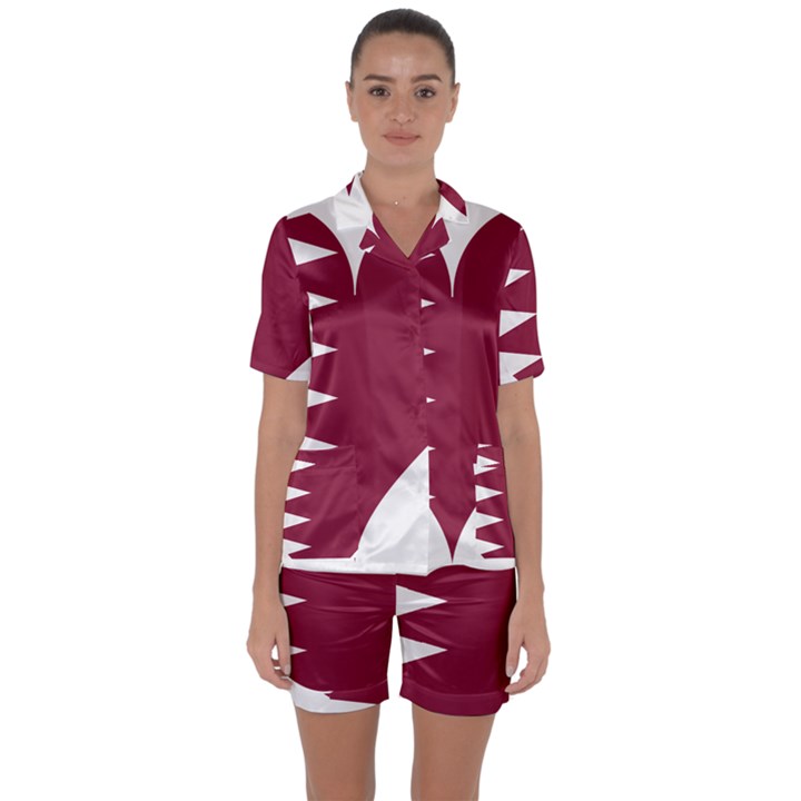 Heart Love Flag Qatar Satin Short Sleeve Pyjamas Set