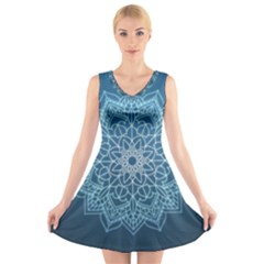 Mandala Floral Ornament Pattern V-neck Sleeveless Skater Dress by Celenk