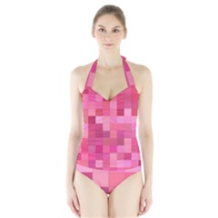 Pink Square Background Color Mosaic Halter Swimsuit by Celenk