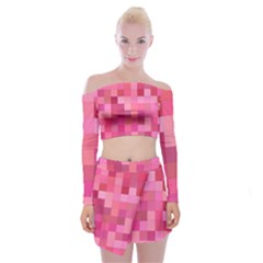 Pink Square Background Color Mosaic Off Shoulder Top With Mini Skirt Set by Celenk