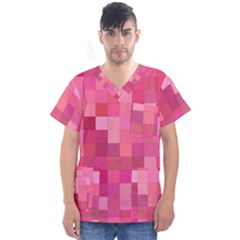 Pink Square Background Color Mosaic Men s V-neck Scrub Top