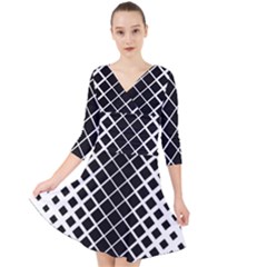 Square Diagonal Pattern Monochrome Quarter Sleeve Front Wrap Dress	