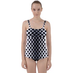 Square Diagonal Pattern Monochrome Twist Front Tankini Set