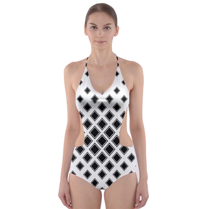 Square Pattern Monochrome Cut-Out One Piece Swimsuit