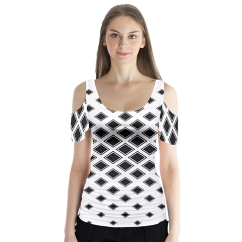 Square Pattern Monochrome Butterfly Sleeve Cutout Tee  by Celenk