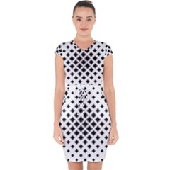 Square Pattern Monochrome Capsleeve Drawstring Dress 