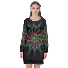 Star Abstract Burst Starburst Long Sleeve Chiffon Shift Dress 