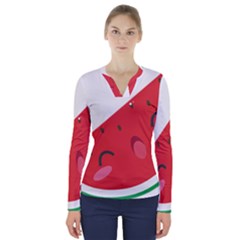 Watermelon Red Network Fruit Juicy V-neck Long Sleeve Top by Celenk