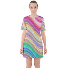 Wave Background Happy Design Sixties Short Sleeve Mini Dress