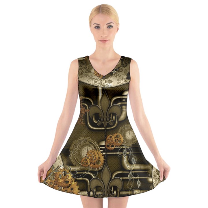 Wonderful Noble Steampunk Design, Clocks And Gears And Butterflies V-Neck Sleeveless Skater Dress