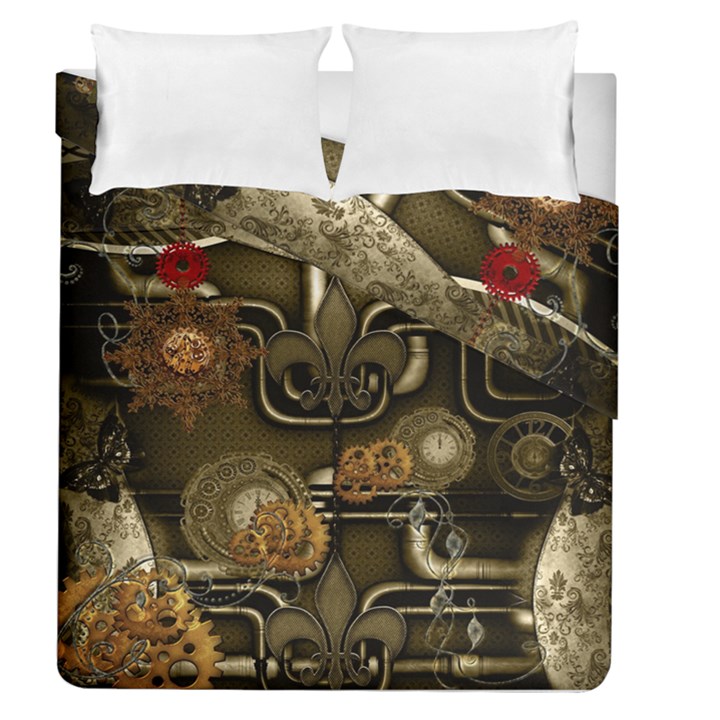 Wonderful Noble Steampunk Design, Clocks And Gears And Butterflies Duvet Cover Double Side (Queen Size)