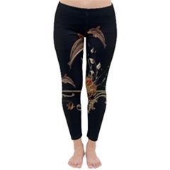 Wonderful Dolphins And Flowers, Golden Colors Classic Winter Leggings