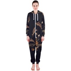 Wonderful Dolphins And Flowers, Golden Colors Hooded Jumpsuit (Ladies) 