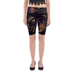 Wonderful Dolphins And Flowers, Golden Colors Yoga Cropped Leggings by FantasyWorld7