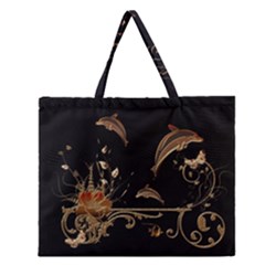 Wonderful Dolphins And Flowers, Golden Colors Zipper Large Tote Bag by FantasyWorld7