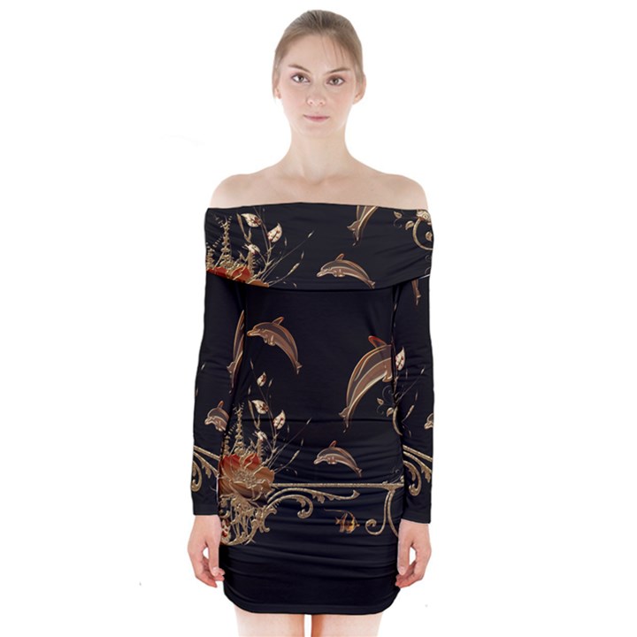 Wonderful Dolphins And Flowers, Golden Colors Long Sleeve Off Shoulder Dress