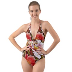 Flower Hostanamone Drawing Plant Halter Cut-out One Piece Swimsuit by Celenk